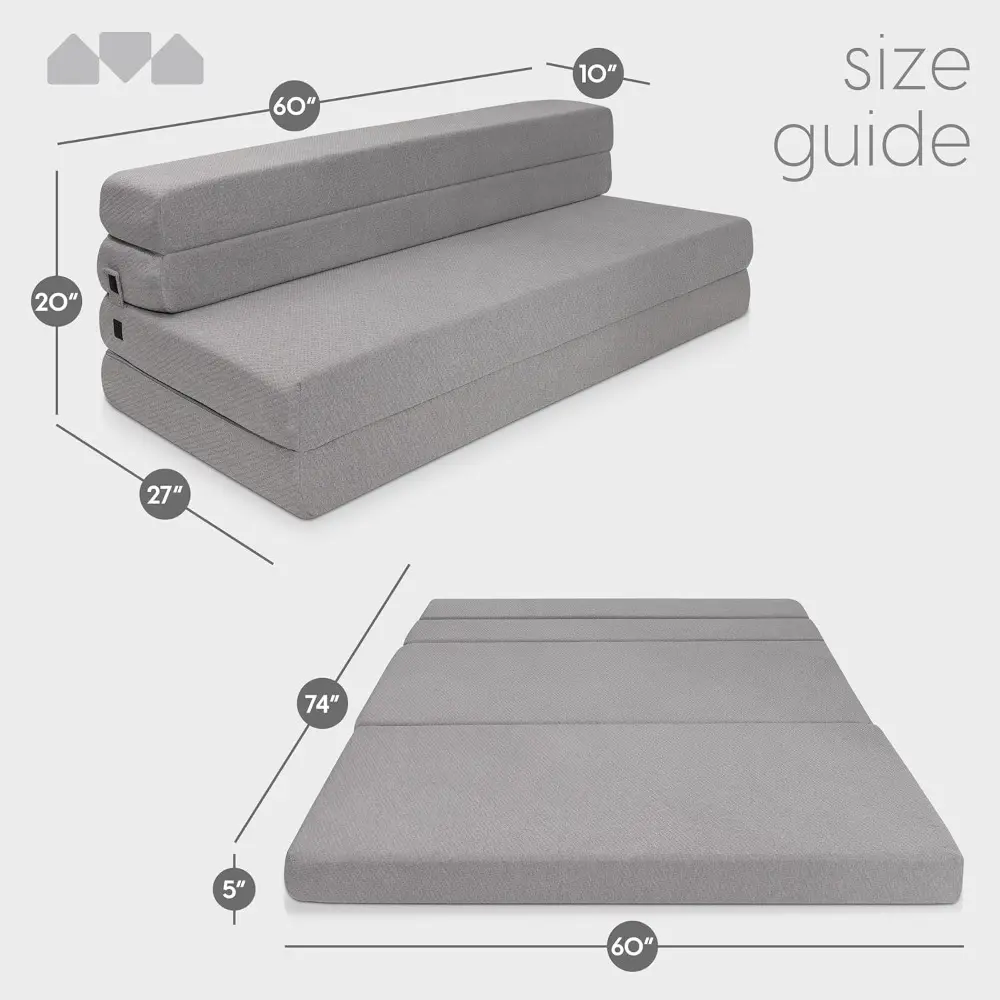 Tri-Fold Mattress and Sofa Bed for Living Room, Sleeping, Camping | Travel-Friendly Foldable Couch - Short Queen Size Folding M