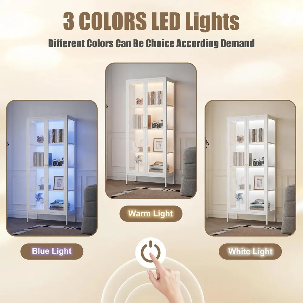 Glass Display Cabinet with LED Lights, White Curio Glass Showcase, 66" Tall Metal Storage Cabinet with Doors and Adjustable Shel