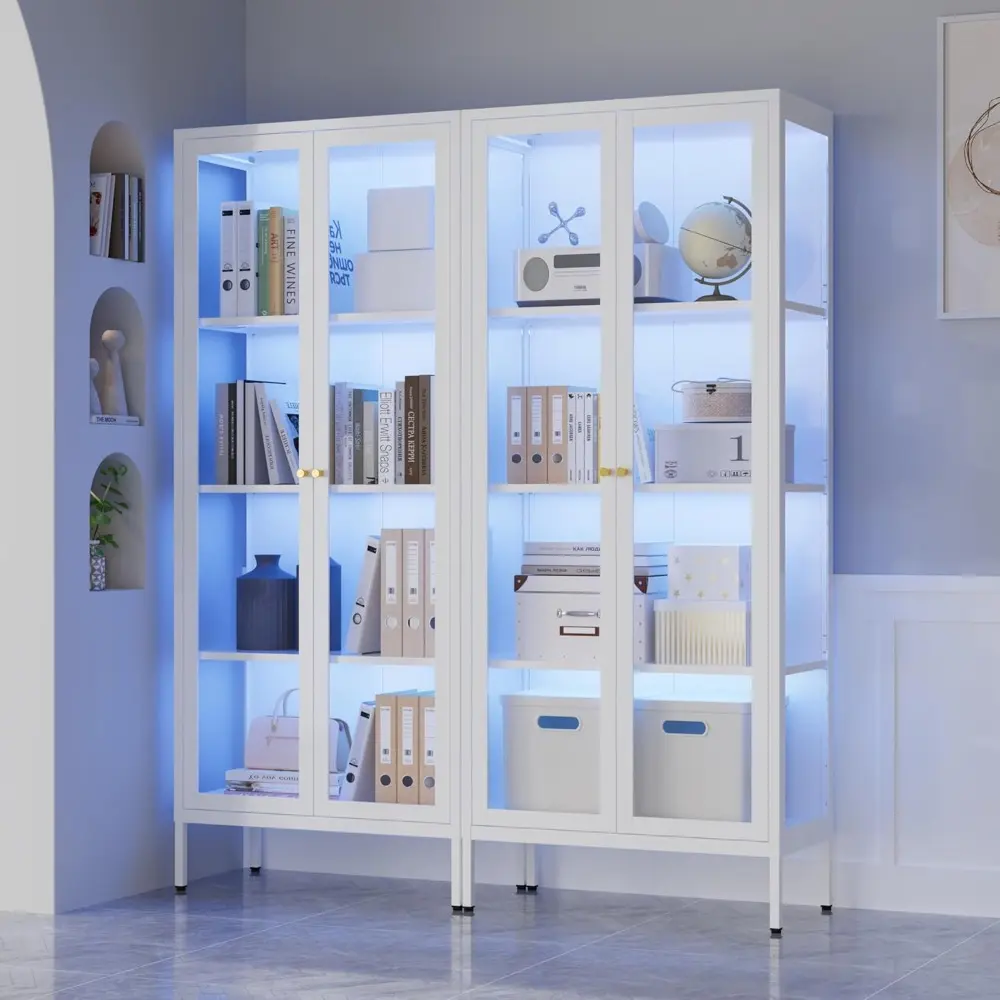 Glass Display Cabinet with LED Lights, White Curio Glass Showcase, 66" Tall Metal Storage Cabinet with Doors and Adjustable Shel