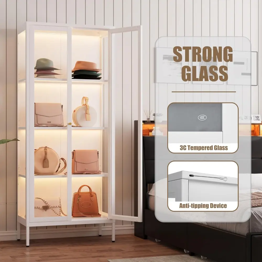 Glass Display Cabinet with LED Lights, White Curio Glass Showcase, 66" Tall Metal Storage Cabinet with Doors and Adjustable Shel