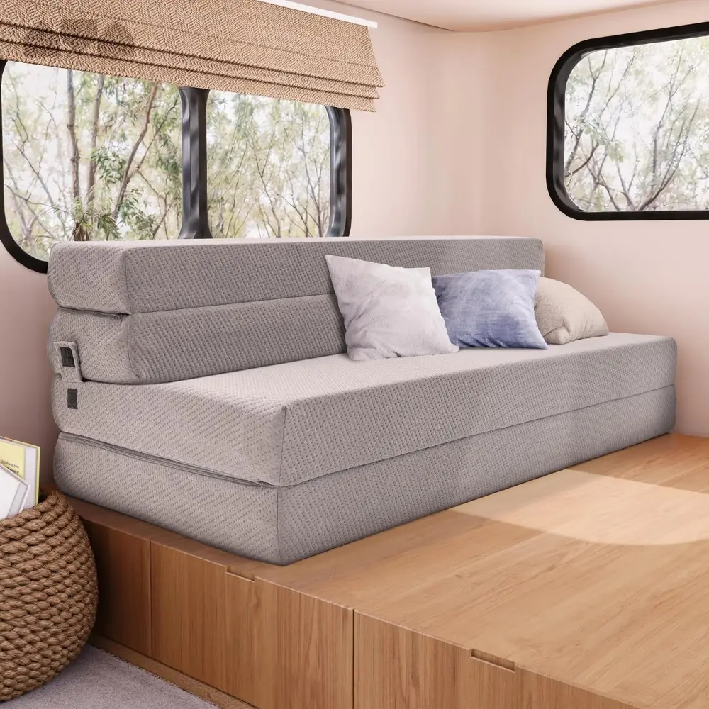 Tri-Fold Mattress and Sofa Bed for Living Room, Sleeping, Camping | Travel-Friendly Foldable Couch - Short Queen Size Folding M