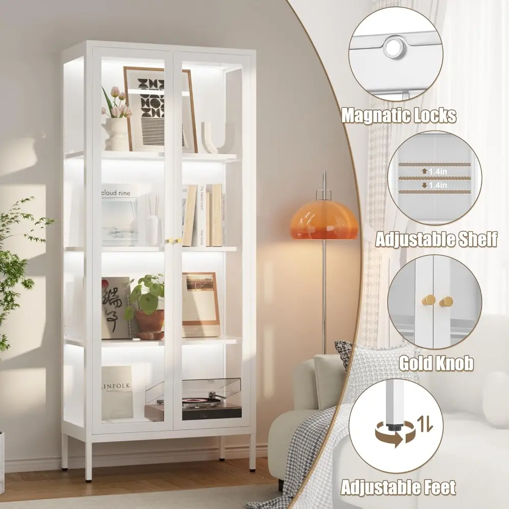 Glass Display Cabinet with LED Lights, White Curio Glass Showcase, 66" Tall Metal Storage Cabinet with Doors and Adjustable Shel