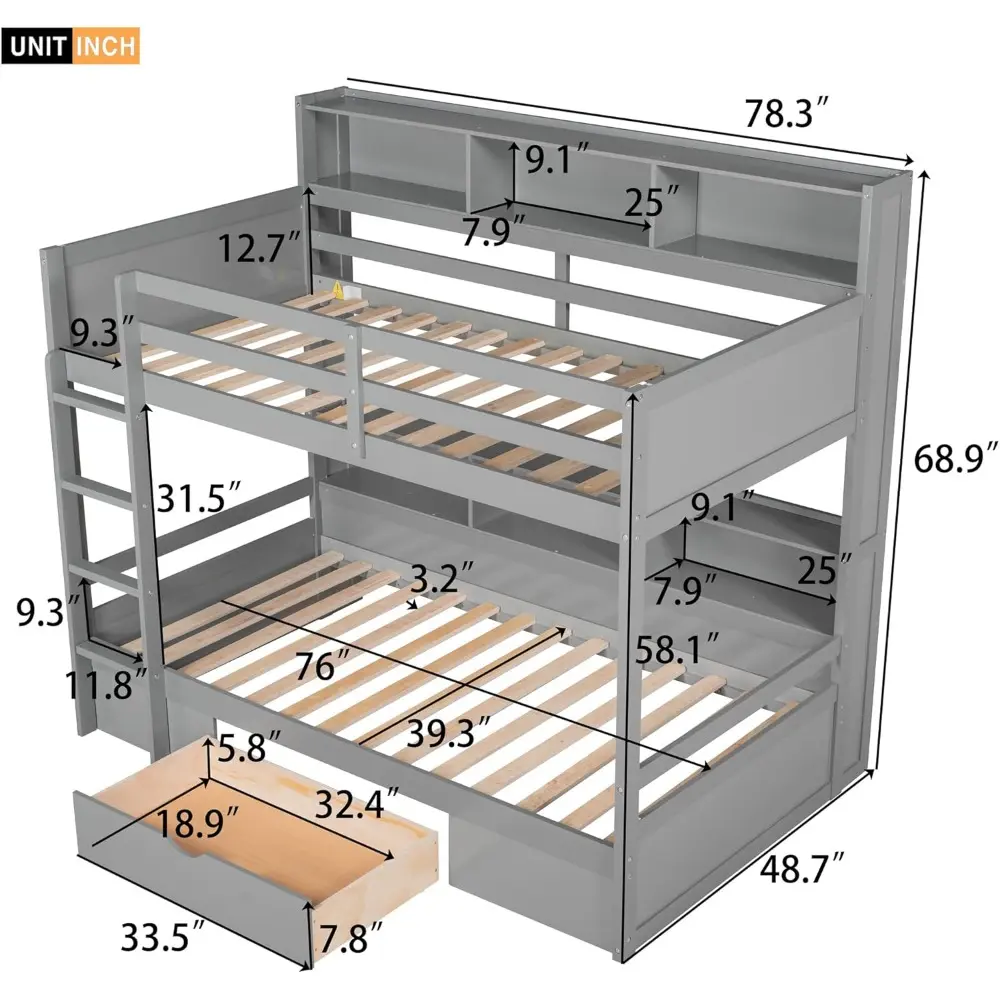 Harper & Bright Designs Twin Over Twin Bunk Bed with Storage Drawer, Solid Wood Bunk Bed with Built-in Shelves Beside Both Upper