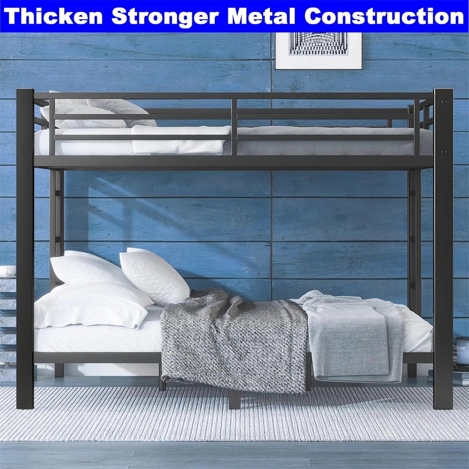 Enhanced Metal Queen Over Queen Bunk Bed - Heavy-Duty Steel Construction for Queen Size Beds