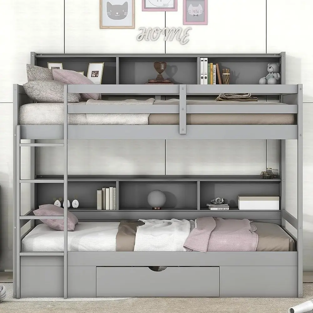 Harper & Bright Designs Twin Over Twin Bunk Bed with Storage Drawer, Solid Wood Bunk Bed with Built-in Shelves Beside Both Upper