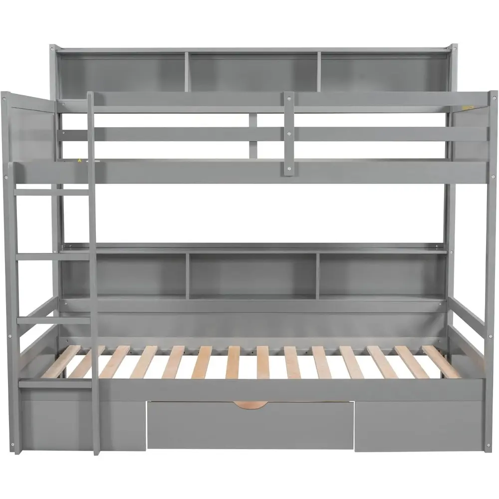 Harper & Bright Designs Twin Over Twin Bunk Bed with Storage Drawer, Solid Wood Bunk Bed with Built-in Shelves Beside Both Upper