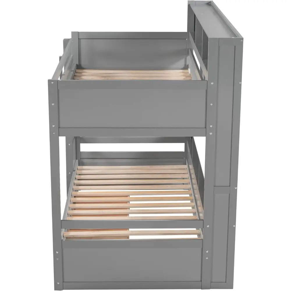 Harper & Bright Designs Twin Over Twin Bunk Bed with Storage Drawer, Solid Wood Bunk Bed with Built-in Shelves Beside Both Upper