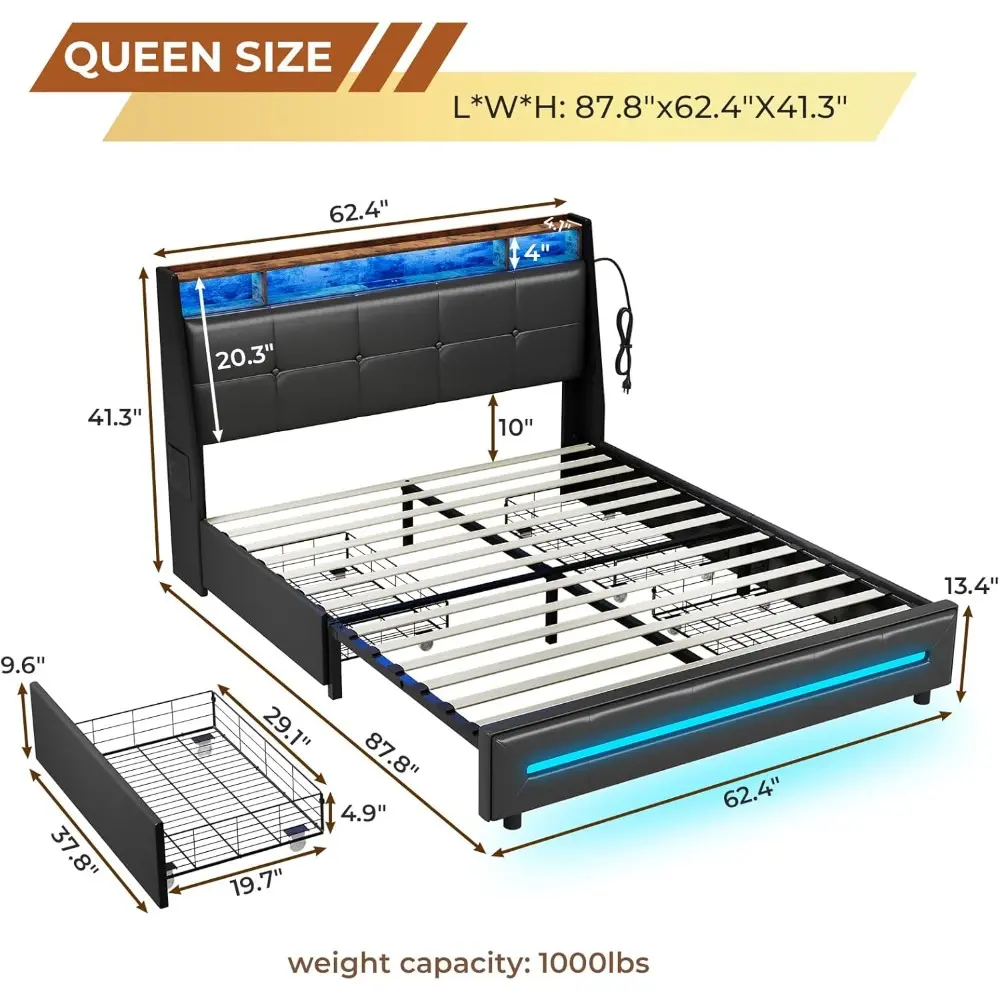 Queen Bed Frame with 4 Storage Drawers, Queen Size Platform Bed with Charging Station and Storage Shelves, Upholstered Headboard