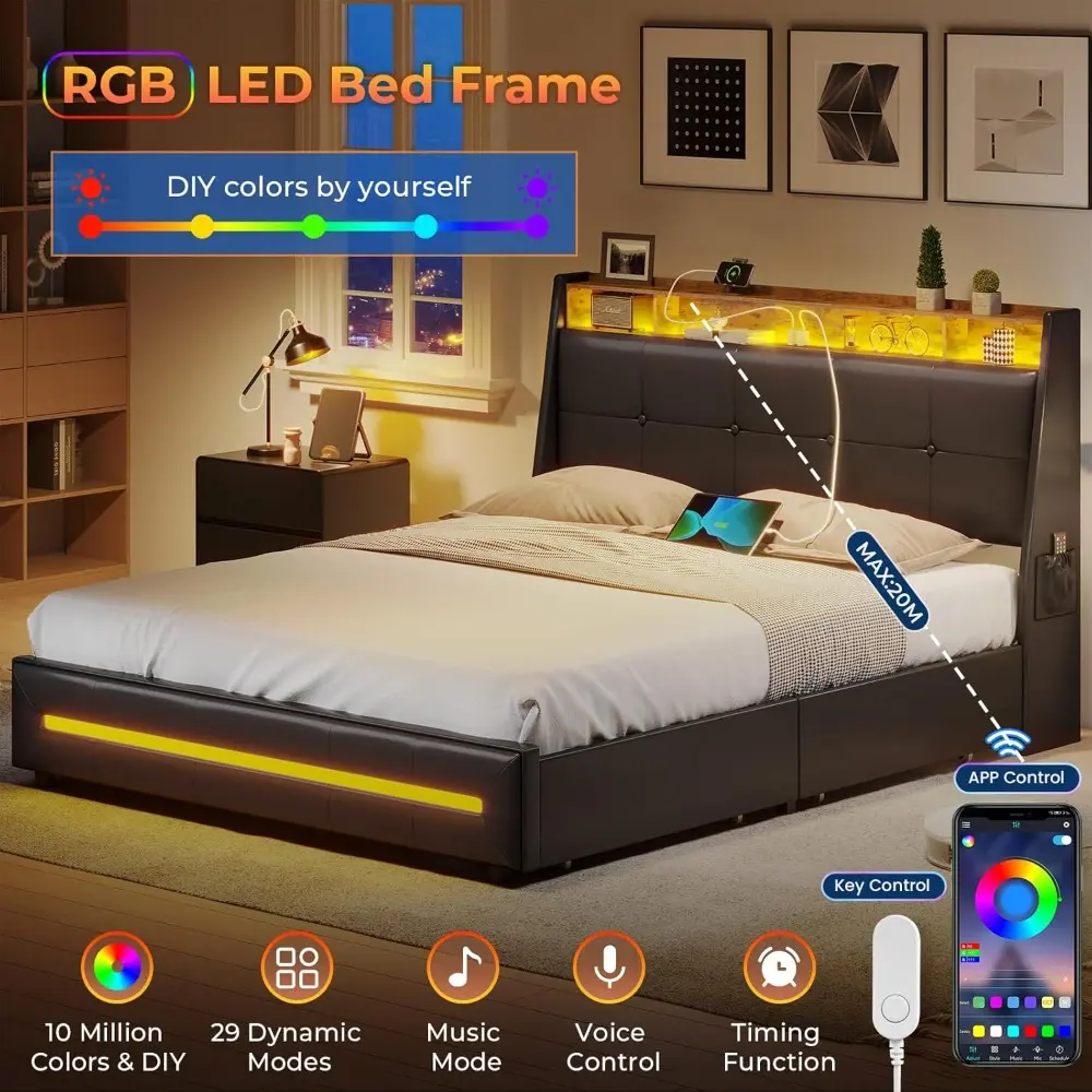 Queen Bed Frame with 4 Storage Drawers, Queen Size Platform Bed with Charging Station and Storage Shelves, Upholstered Headboard