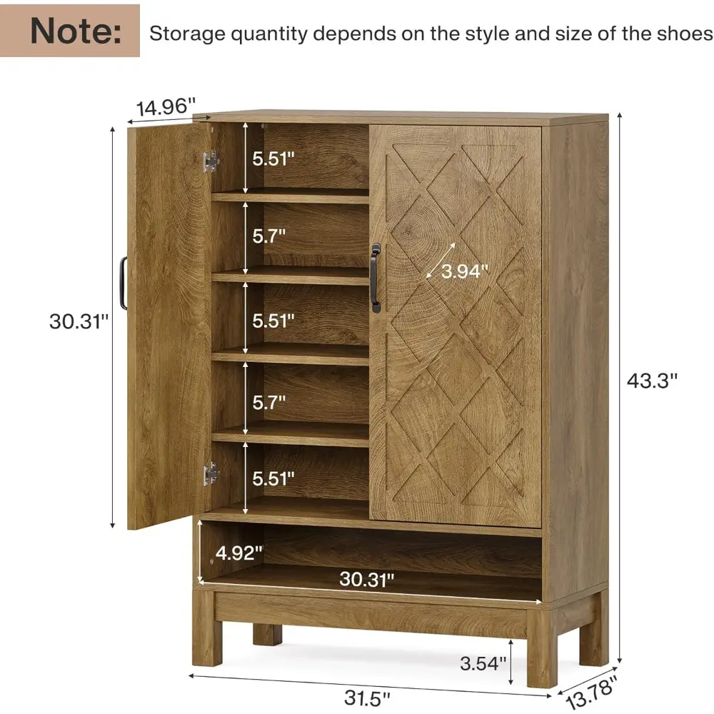 Shoe Cabinet with Doors, 6-Tier Farmhouse Shoe Storage Cabinet with Adjustable Shelves for Entryway, Closet, Living Room, Brown