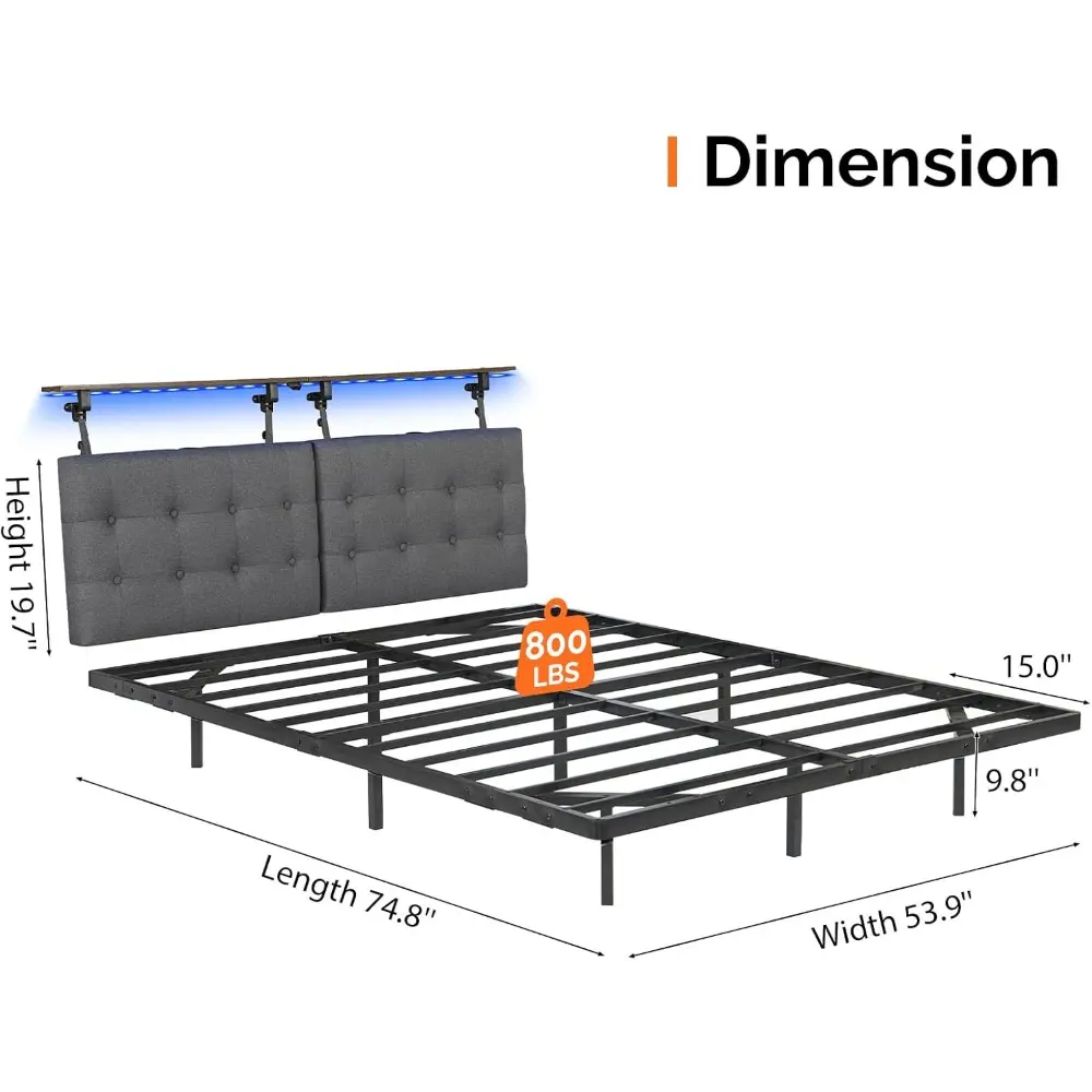 VINGLI Floating Bed Frame Full with LED & Charging Station Hanging Linen Headboard, Wall Mounted Headboard,10'' Heavy Duty Metal