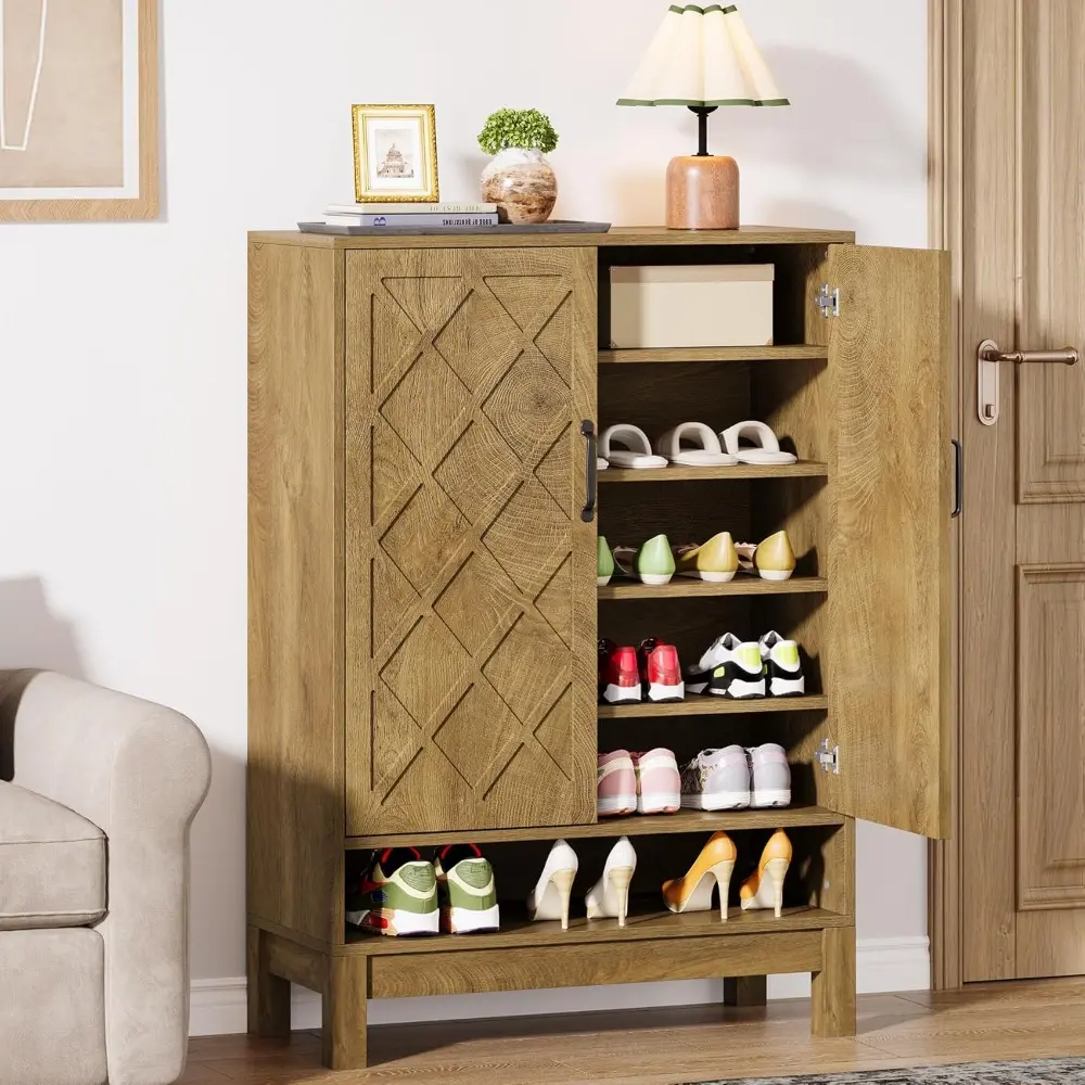 Shoe Cabinet with Doors, 6-Tier Farmhouse Shoe Storage Cabinet with Adjustable Shelves for Entryway, Closet, Living Room, Brown