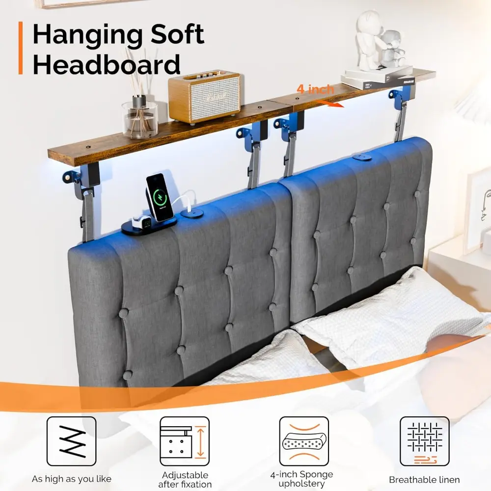 VINGLI Floating Bed Frame Full with LED & Charging Station Hanging Linen Headboard, Wall Mounted Headboard,10'' Heavy Duty Metal