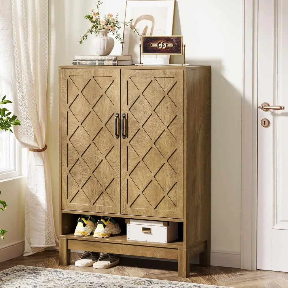 Shoe Cabinet with Doors, 6-Tier Farmhouse Shoe Storage Cabinet with Adjustable Shelves for Entryway, Closet, Living Room, Brown