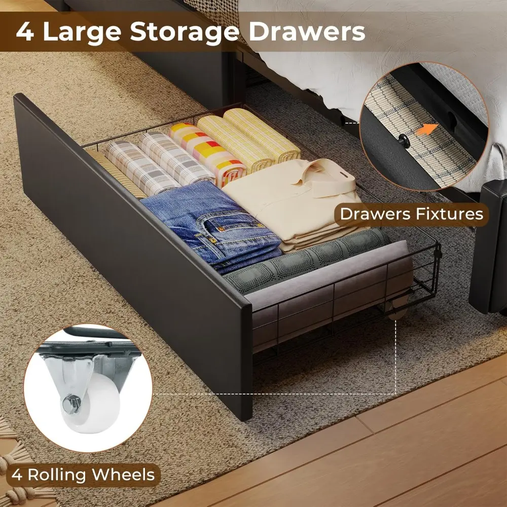 Queen Bed Frame with 4 Storage Drawers, Queen Size Platform Bed with Charging Station and Storage Shelves, Upholstered Headboard