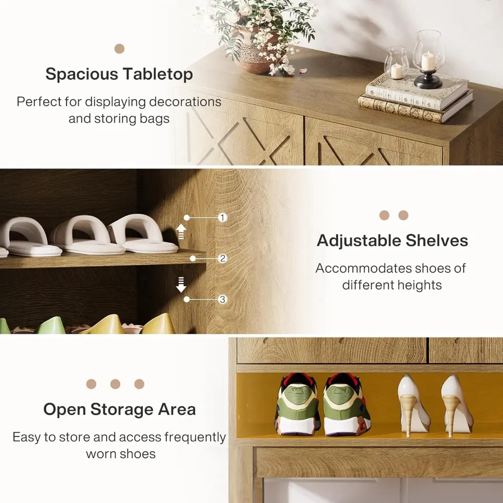 Shoe Cabinet with Doors, 6-Tier Farmhouse Shoe Storage Cabinet with Adjustable Shelves for Entryway, Closet, Living Room, Brown