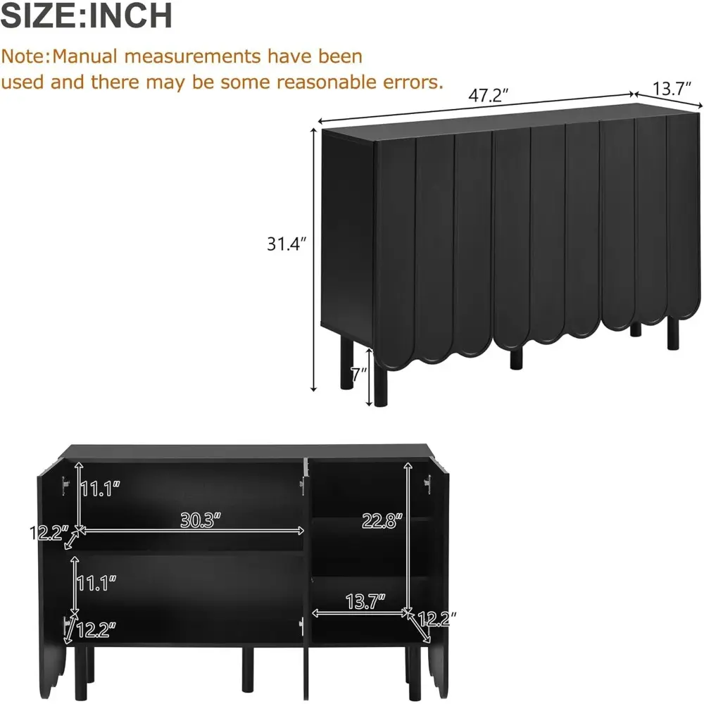 Minimalist Storage Shoe Cabinet with Adjustable Shelves, Solid Wood Legs, and Wave Doors, 47" L x 13.5" W x 31.5" H, Black