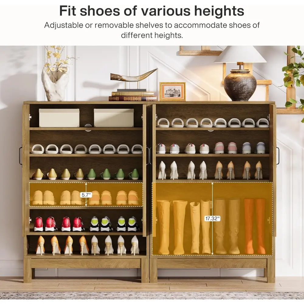 Shoe Cabinet with Doors, 6-Tier Farmhouse Shoe Storage Cabinet with Adjustable Shelves for Entryway, Closet, Living Room, Brown