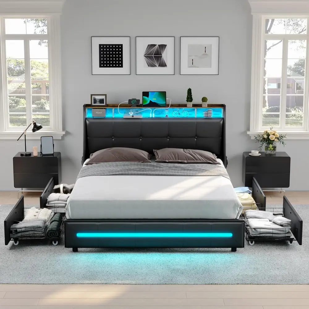 Queen Bed Frame with 4 Storage Drawers, Queen Size Platform Bed with Charging Station and Storage Shelves, Upholstered Headboard