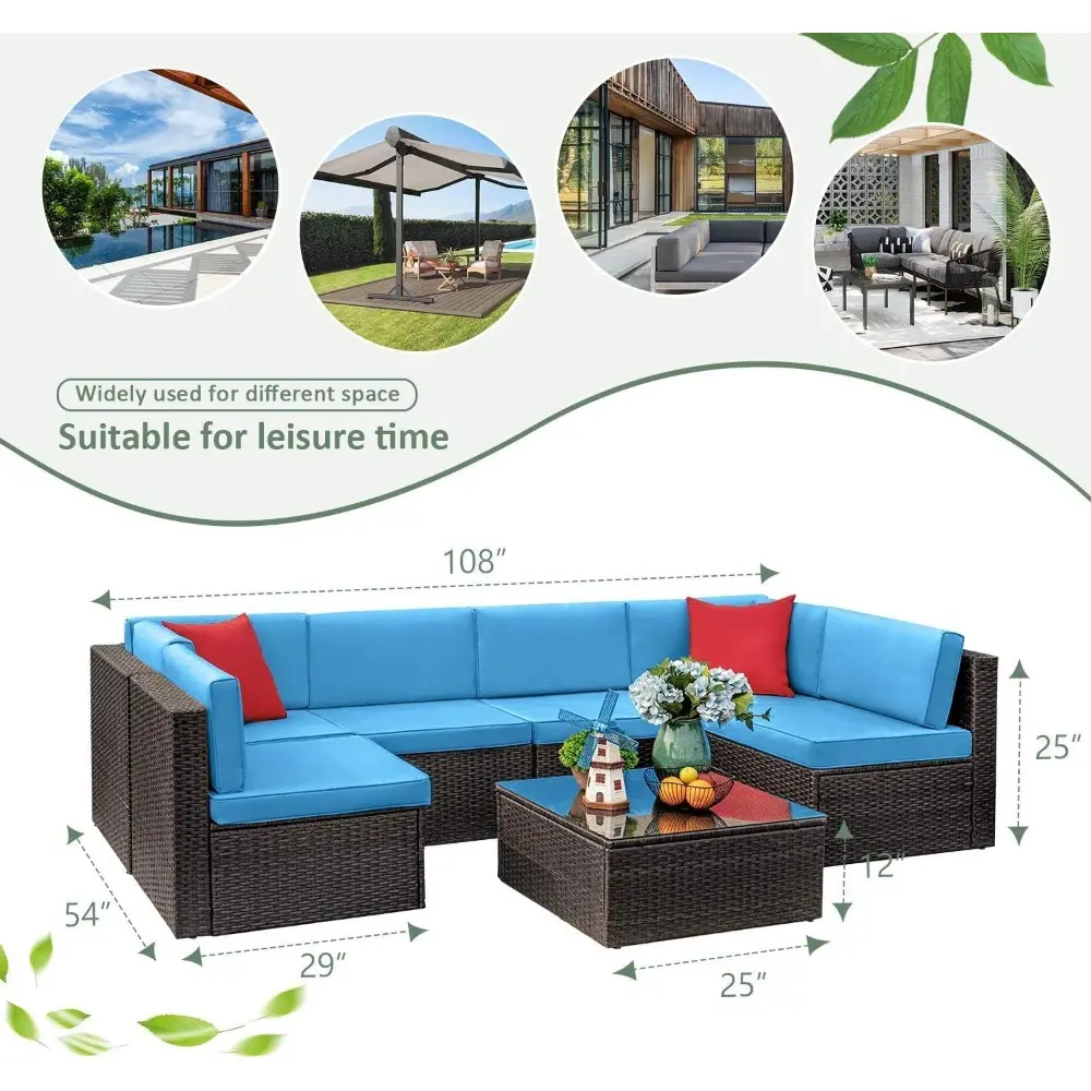 7 Pieces Outdoor Sectional Sofa Patio Furniture Sets Manual Weaving Wicker Rattan Patio Conversation Sets with Cushion and Glas