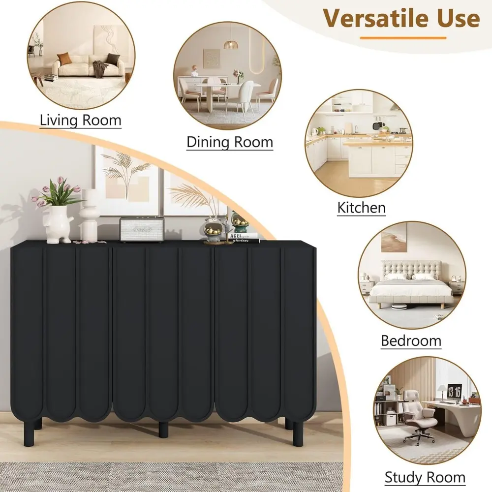 Minimalist Storage Shoe Cabinet with Adjustable Shelves, Solid Wood Legs, and Wave Doors, 47" L x 13.5" W x 31.5" H, Black