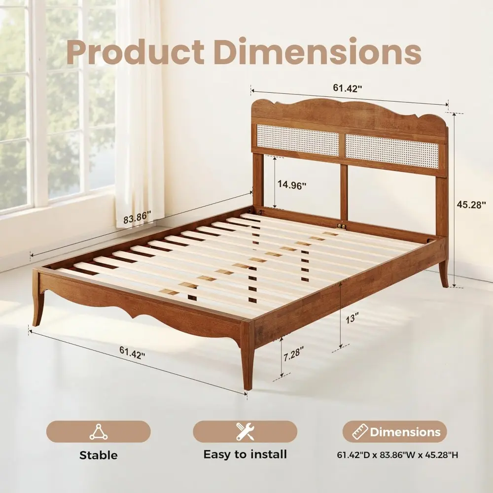 PHI VILLA Rattan Queen Bed Frame with Headboard, Mid Century Wood Bed Frame, No Box Spring Needed, Brown