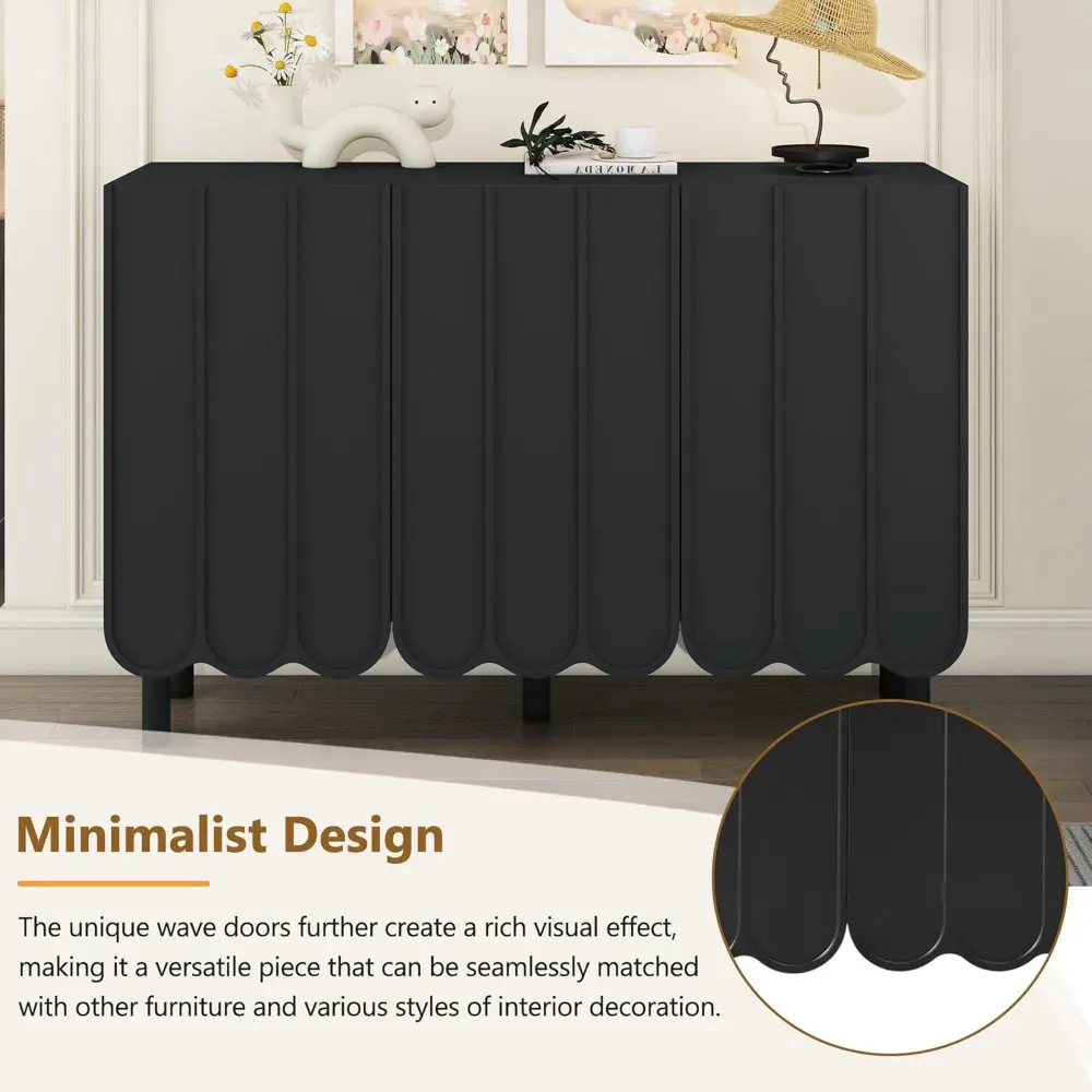 Minimalist Storage Shoe Cabinet with Adjustable Shelves, Solid Wood Legs, and Wave Doors, 47" L x 13.5" W x 31.5" H, Black