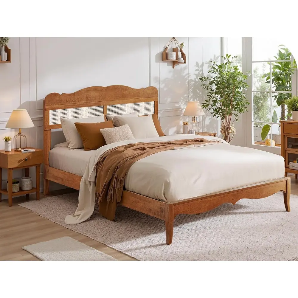 PHI VILLA Rattan Queen Bed Frame with Headboard, Mid Century Wood Bed Frame, No Box Spring Needed, Brown