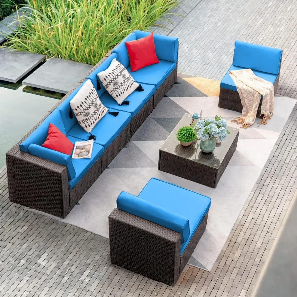 7 Pieces Outdoor Sectional Sofa Patio Furniture Sets Manual Weaving Wicker Rattan Patio Conversation Sets with Cushion and Glas