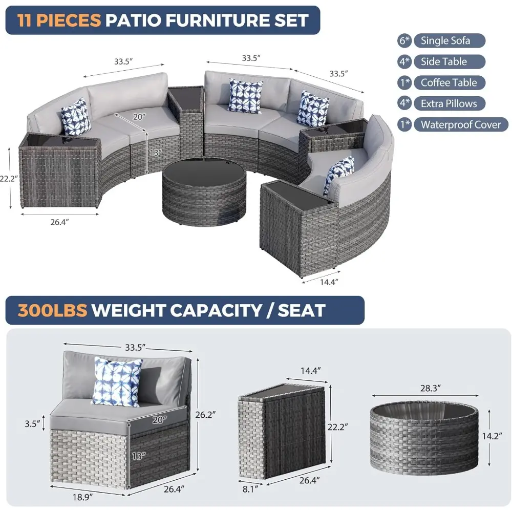 11 PCS Curved Rattan Patio Furniture Set – Outdoor Sectional Sofa with Waterproof Cushions, Coffee Table, Side Tables & Pillows,