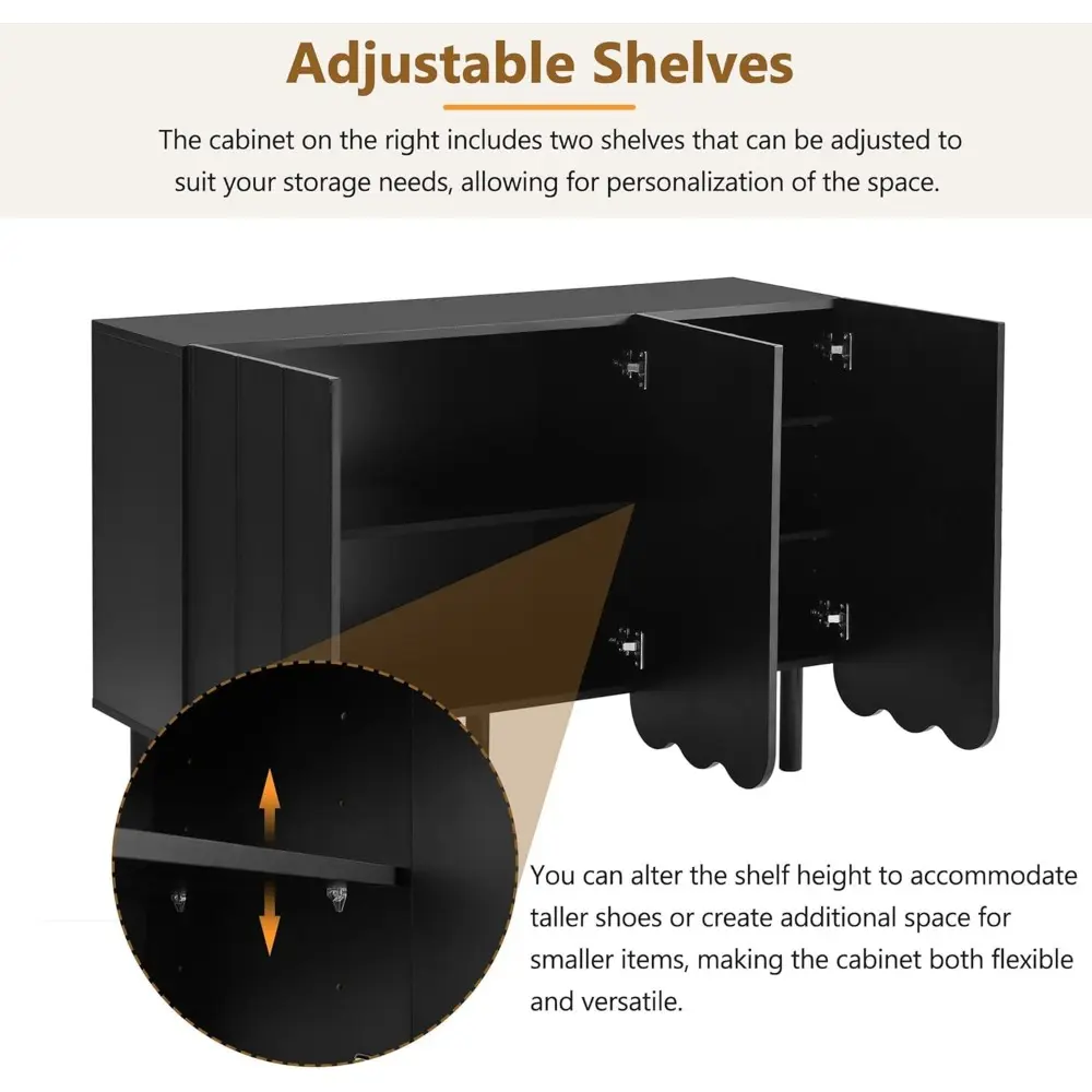Minimalist Storage Shoe Cabinet with Adjustable Shelves, Solid Wood Legs, and Wave Doors, 47" L x 13.5" W x 31.5" H, Black