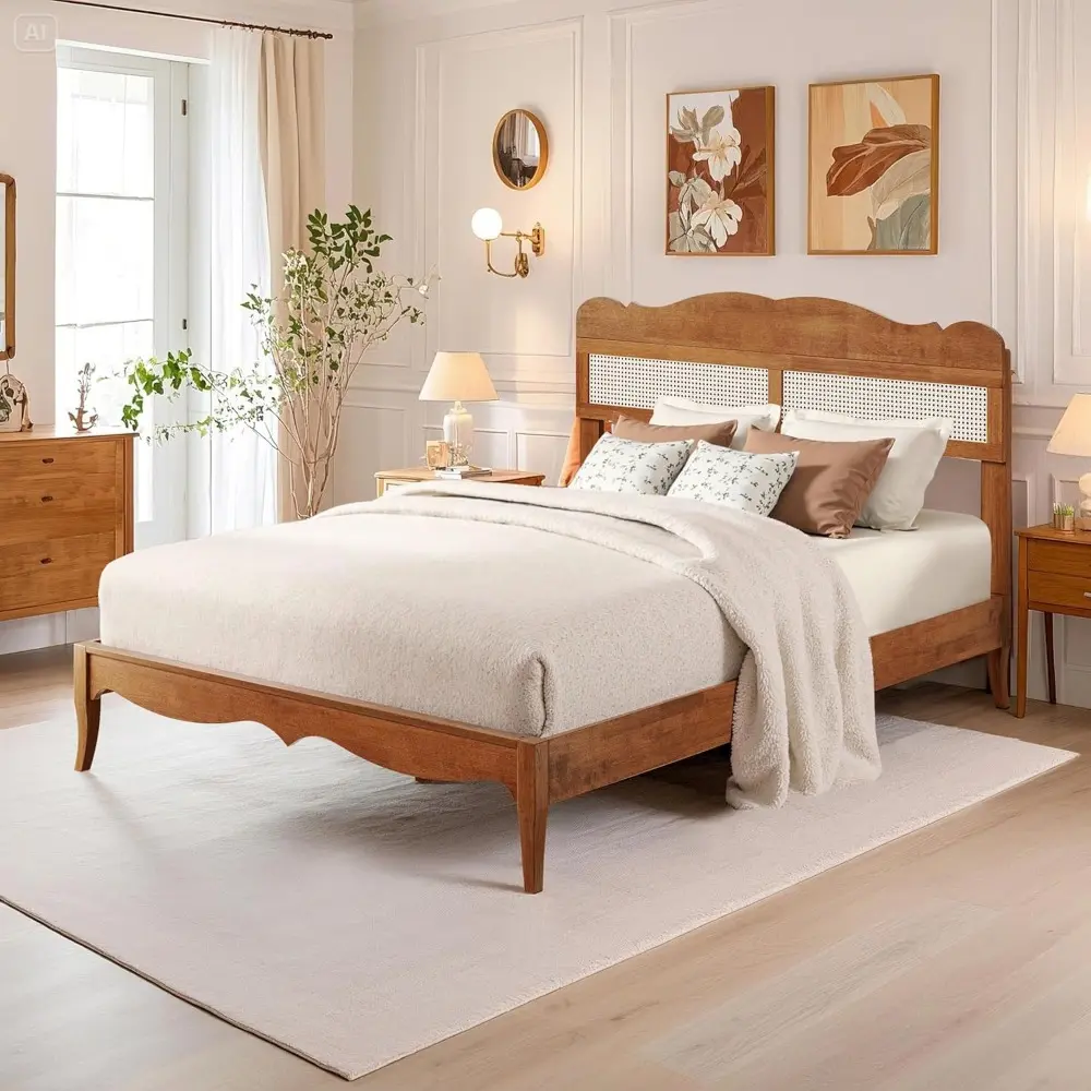 PHI VILLA Rattan Queen Bed Frame with Headboard, Mid Century Wood Bed Frame, No Box Spring Needed, Brown
