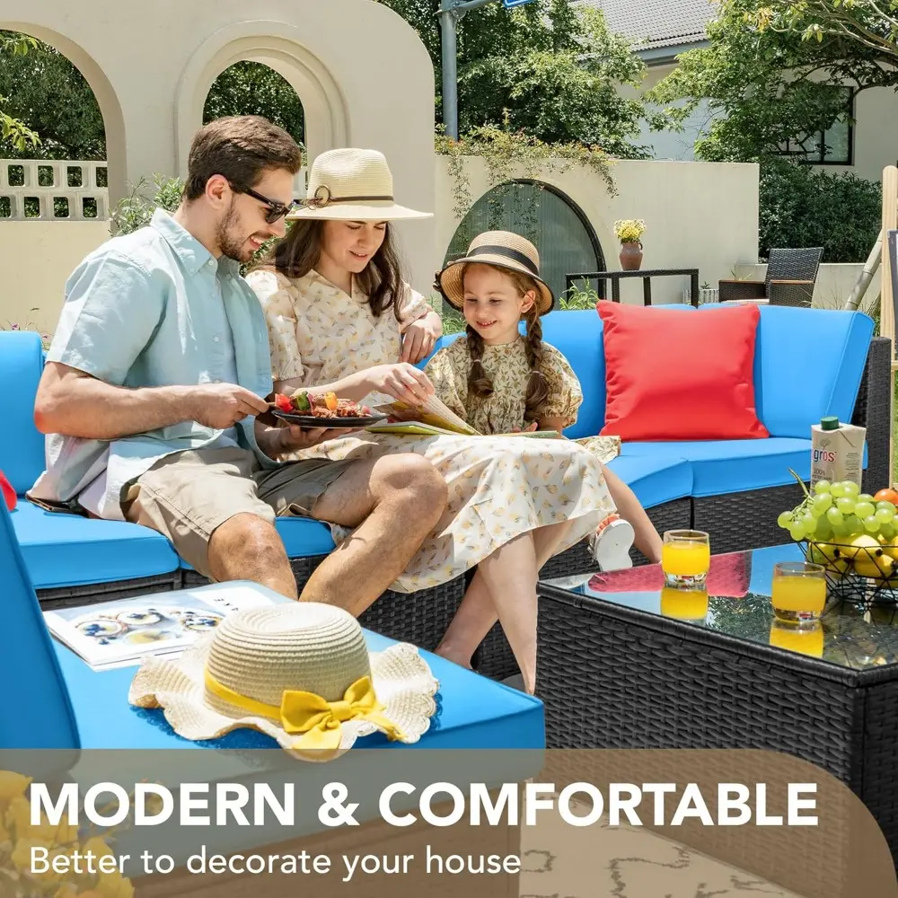7 Pieces Outdoor Sectional Sofa Patio Furniture Sets Manual Weaving Wicker Rattan Patio Conversation Sets with Cushion and Glas