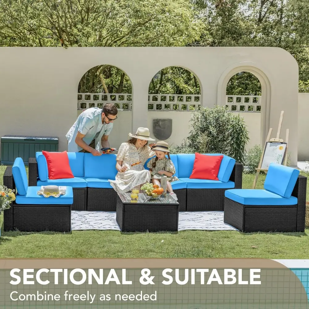 7 Pieces Outdoor Sectional Sofa Patio Furniture Sets Manual Weaving Wicker Rattan Patio Conversation Sets with Cushion and Glas