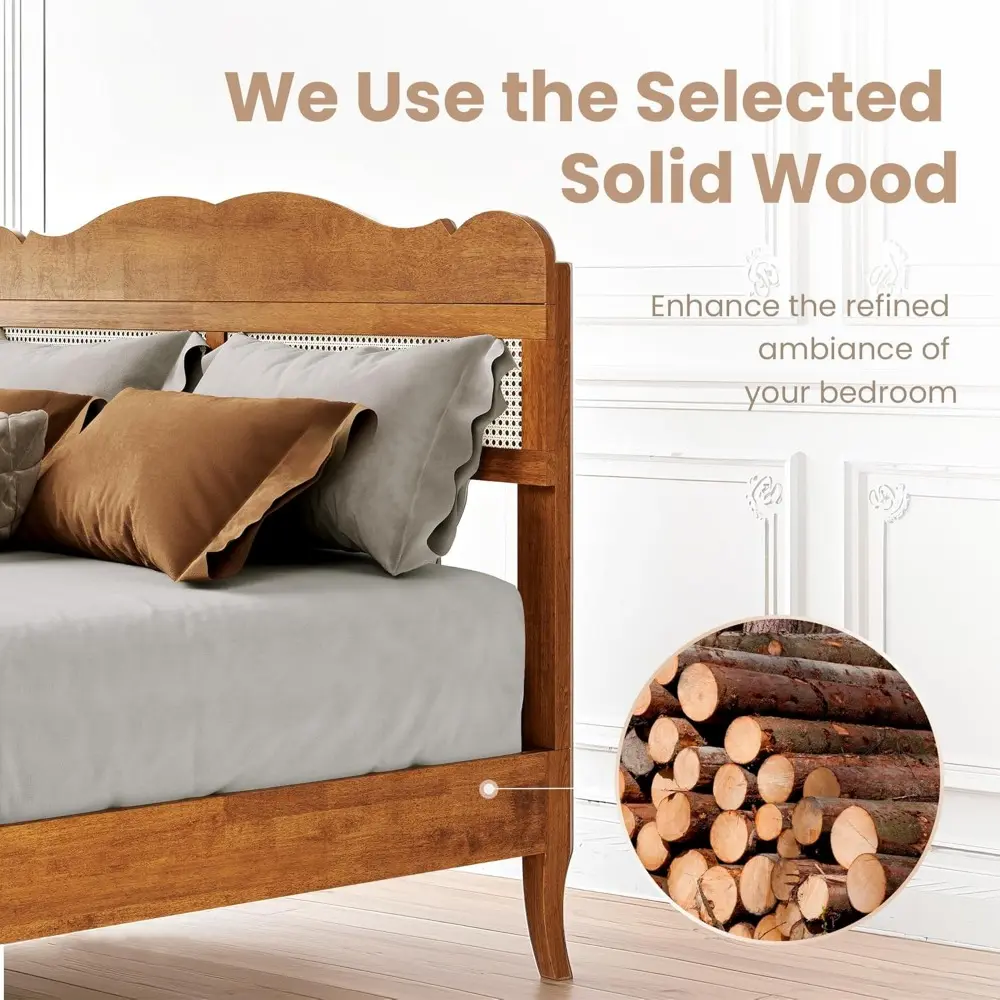 PHI VILLA Rattan Queen Bed Frame with Headboard, Mid Century Wood Bed Frame, No Box Spring Needed, Brown
