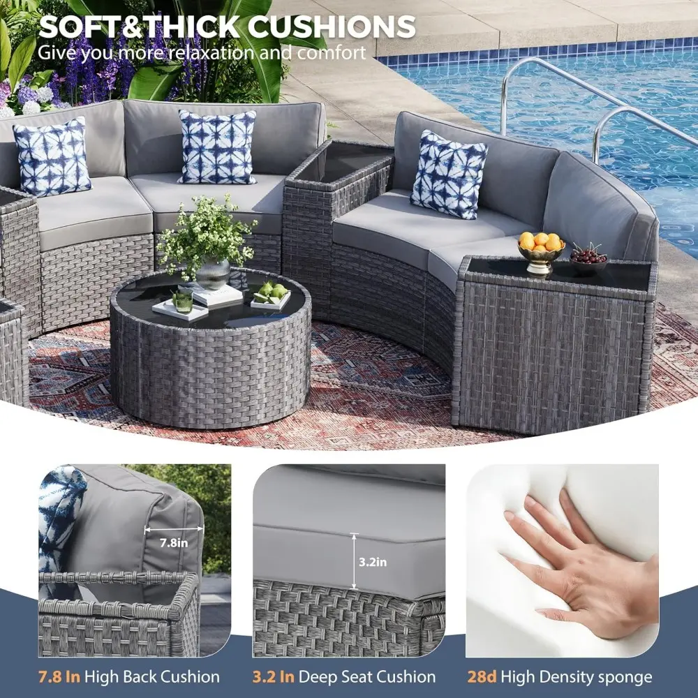 11 PCS Curved Rattan Patio Furniture Set – Outdoor Sectional Sofa with Waterproof Cushions, Coffee Table, Side Tables & Pillows,