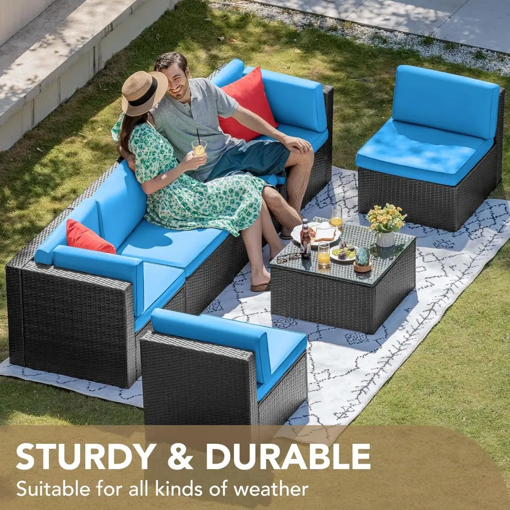 7 Pieces Outdoor Sectional Sofa Patio Furniture Sets Manual Weaving Wicker Rattan Patio Conversation Sets with Cushion and Glas