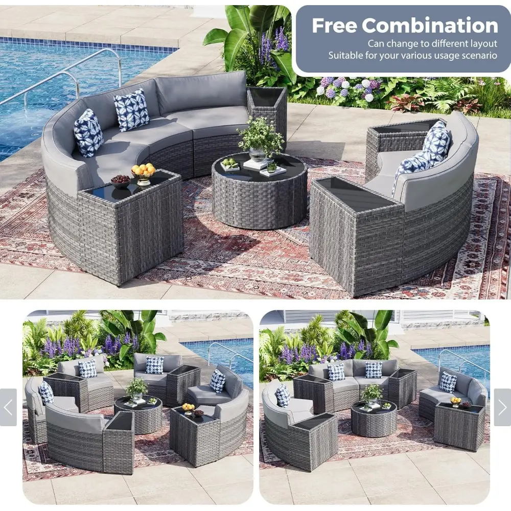 11 PCS Curved Rattan Patio Furniture Set – Outdoor Sectional Sofa with Waterproof Cushions, Coffee Table, Side Tables & Pillows,