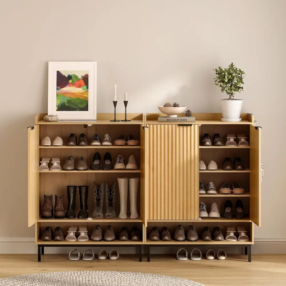 Fluted Shoe Storage Cabinet Farmhouse 6-Tier Shoe Cabinet with Doors 42" Tall Freestanding Shoe Rack Organizer for Hallway, Entr