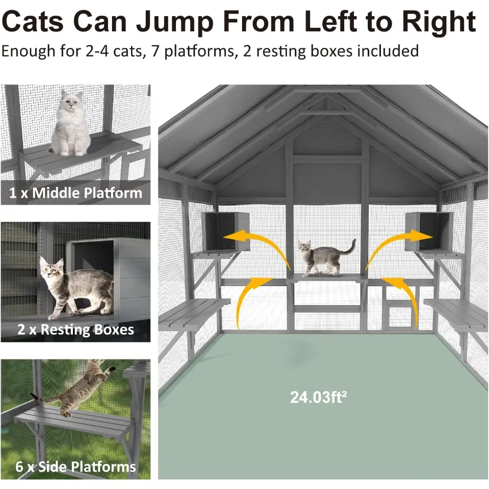 Cat Catio - Large Outdoor Catio Enclosure with 7 Tiered Platforms & 2 Premium Resting Boxes, Weatherproof Cat Cage with UV-Resis