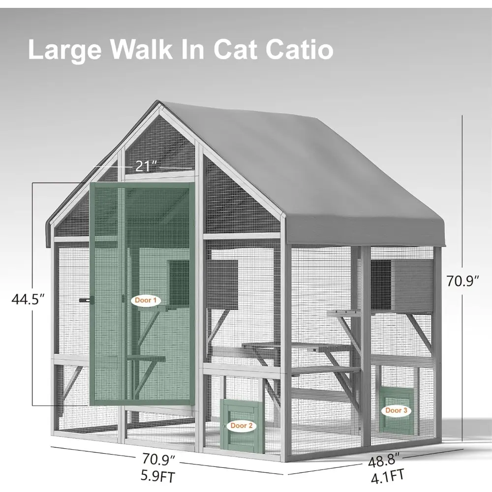 Cat Catio - Large Outdoor Catio Enclosure with 7 Tiered Platforms & 2 Premium Resting Boxes, Weatherproof Cat Cage with UV-Resis