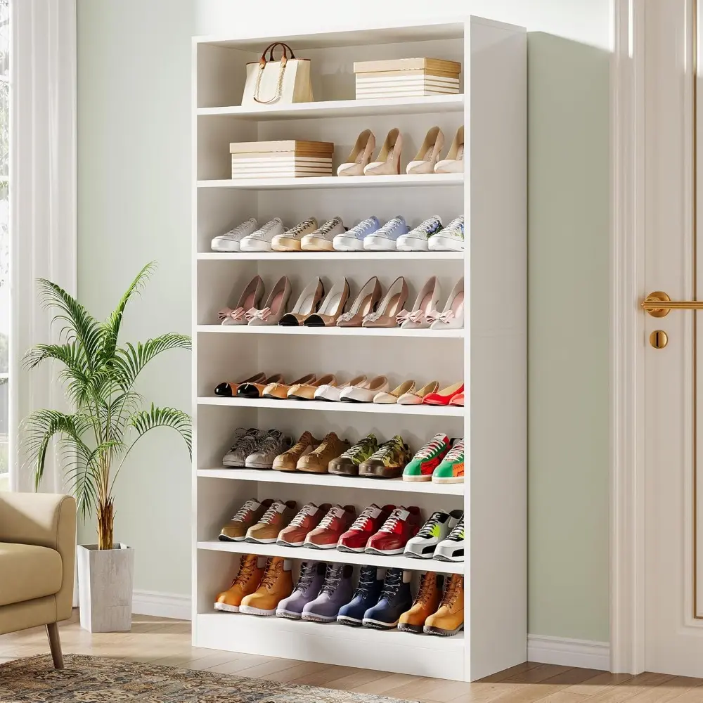 Tall Shoe Cabinet, Wood Freestanding 9-Tier 40-45 Pairs Shoe Storage Organizer with Open Shelves for Entryway (White)