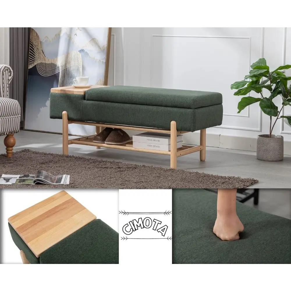 Entryway Storage Bench for Bedroom Upholstered End of Bed Ottoman Bench with Wood Shoe Storage/Coffee Table for Living Room/Hal