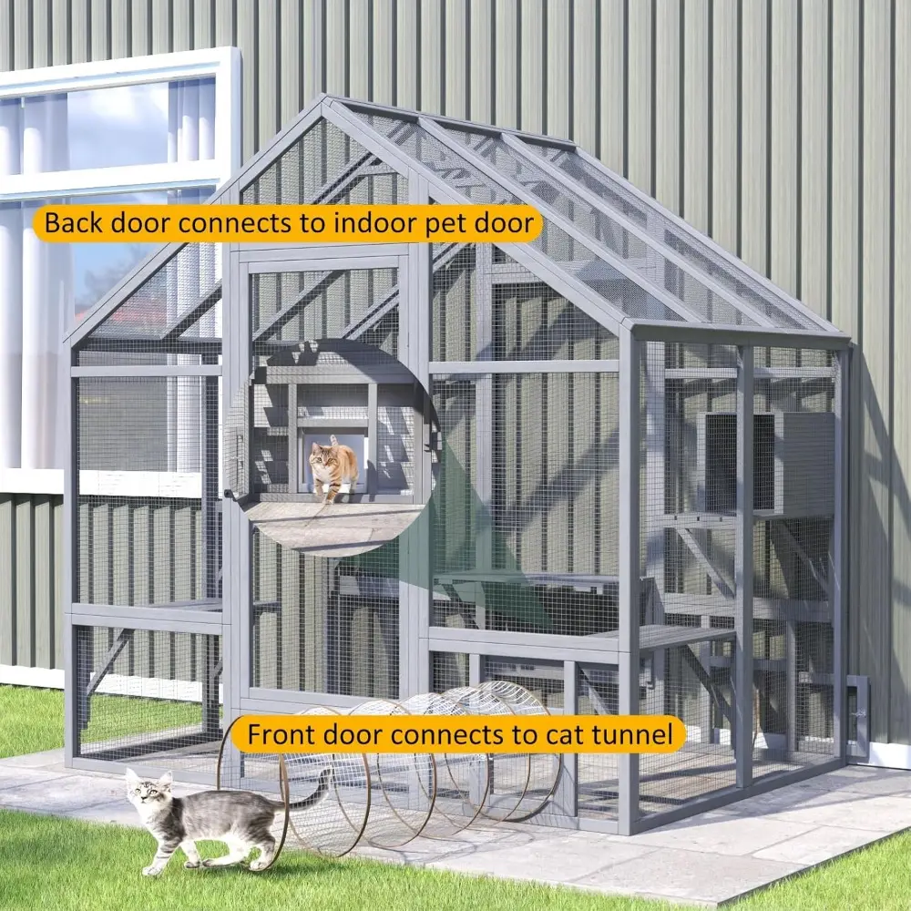Cat Catio - Large Outdoor Catio Enclosure with 7 Tiered Platforms & 2 Premium Resting Boxes, Weatherproof Cat Cage with UV-Resis