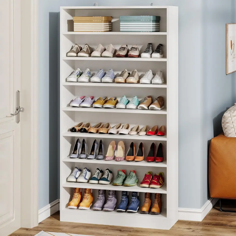 Tall Shoe Cabinet, Wood Freestanding 9-Tier 40-45 Pairs Shoe Storage Organizer with Open Shelves for Entryway (White)