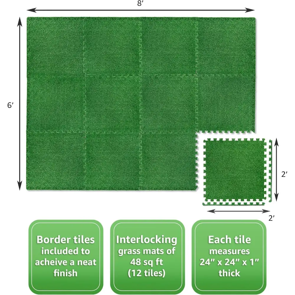 Grass Foam Floor Tiles - 12 Interlocking Mats of 24"X24” Total of 48 Sq Ft for Kids Outdoor Toys, Playroom, Deck, Patio, Baseme