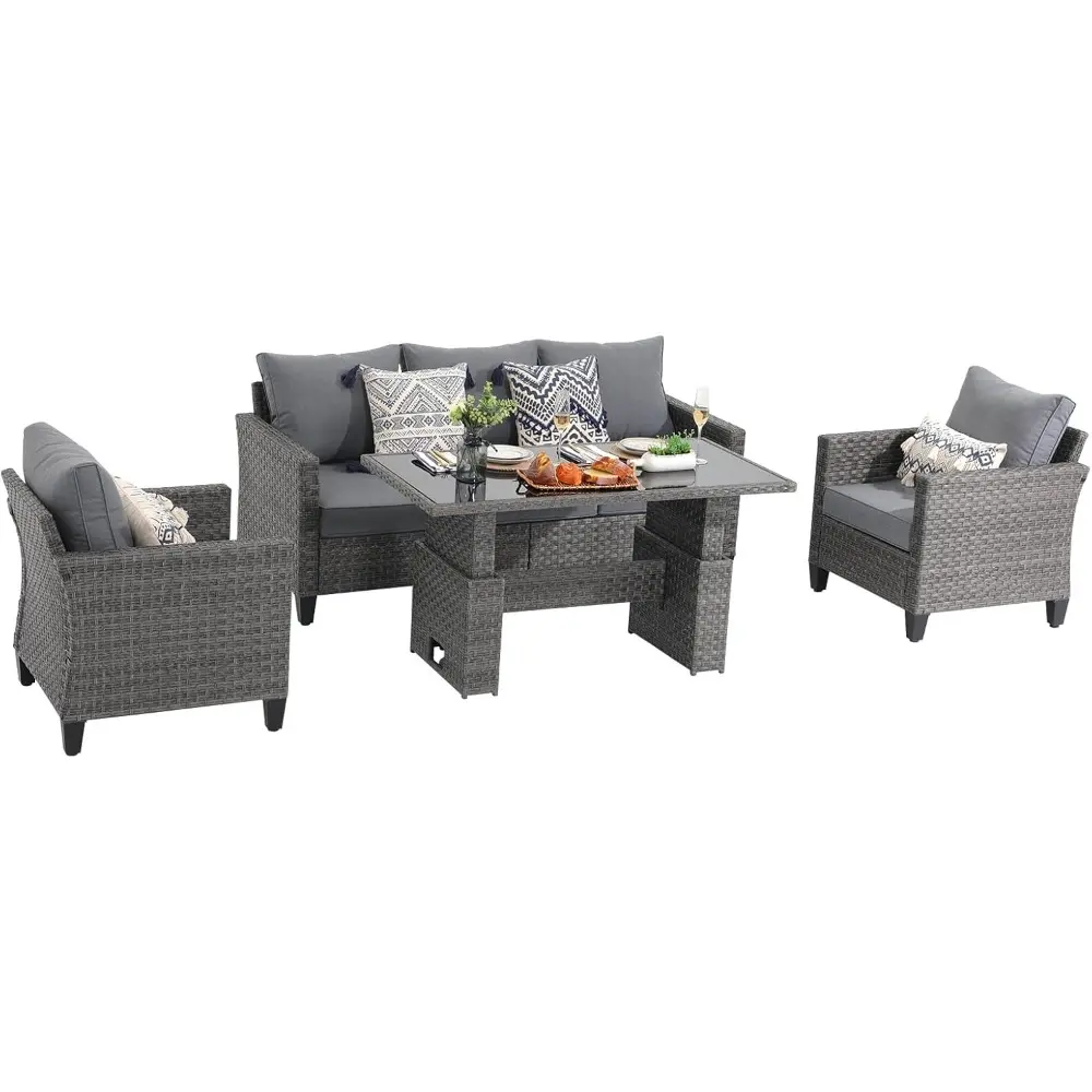 Outdoor Patio Furniture Set 4 Piece Wicker Conversation Set with Lift Coffee Table Sectional Dining Set 3 Seat Sofa Couch with