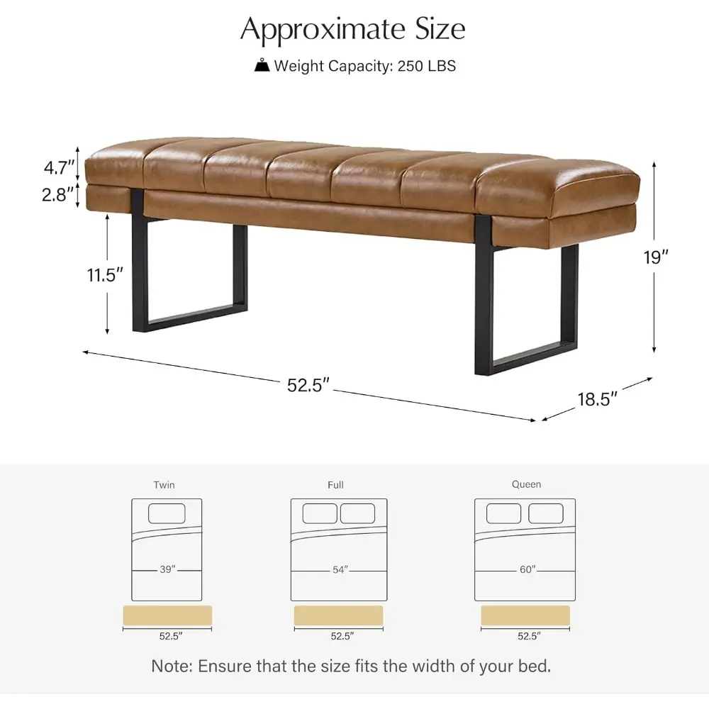 HULALA HOME 53" Button Tufted Ottoman Bench Faux Leather Upholstered Bedroom Bench Padded End of Bed Bench with Metal Base Mid-C