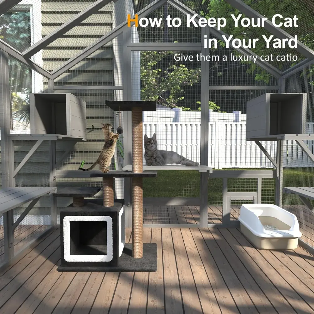 Cat Catio - Large Outdoor Catio Enclosure with 7 Tiered Platforms & 2 Premium Resting Boxes, Weatherproof Cat Cage with UV-Resis