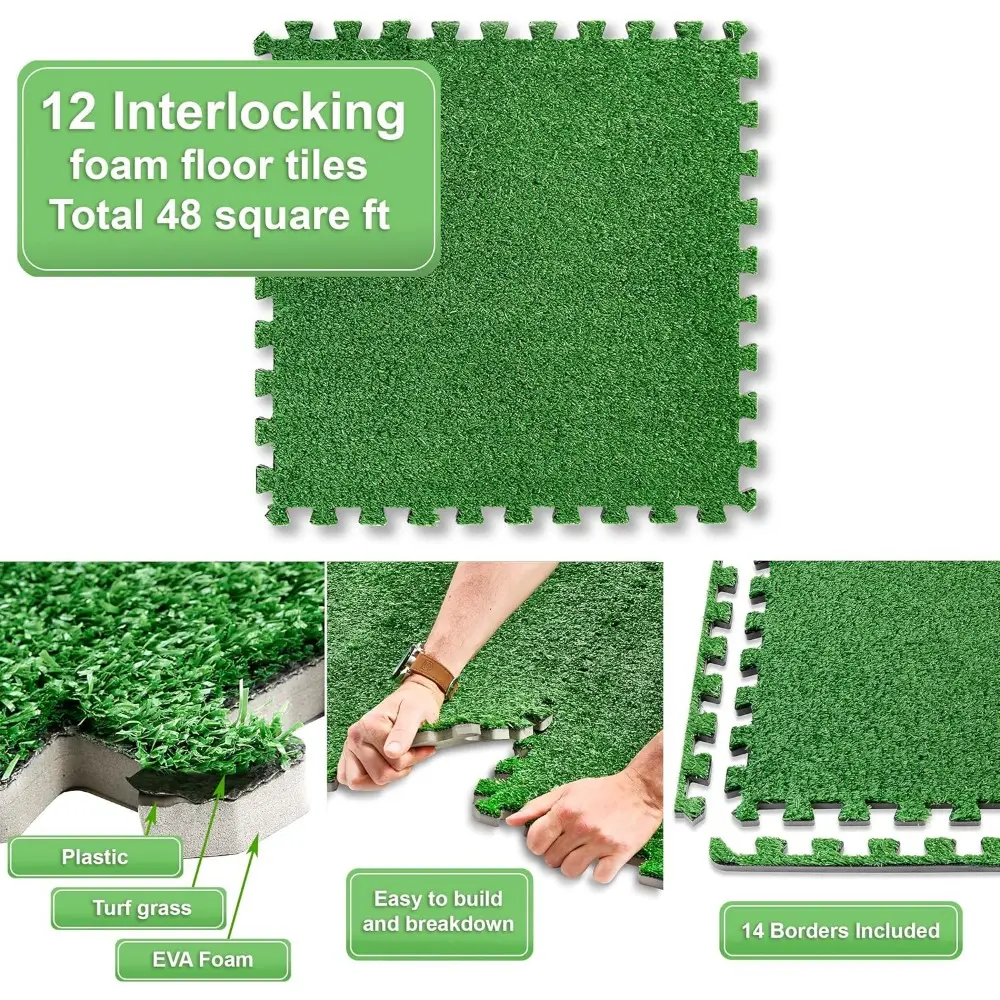 Grass Foam Floor Tiles - 12 Interlocking Mats of 24"X24” Total of 48 Sq Ft for Kids Outdoor Toys, Playroom, Deck, Patio, Baseme